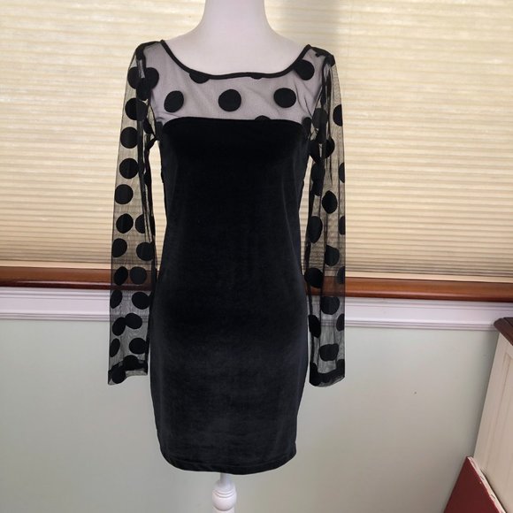 BCBGeneration Velvet Witchy Mesh Polka Dot & Open Back Dress Fairy Grunge Goth - Picture 2 of 12